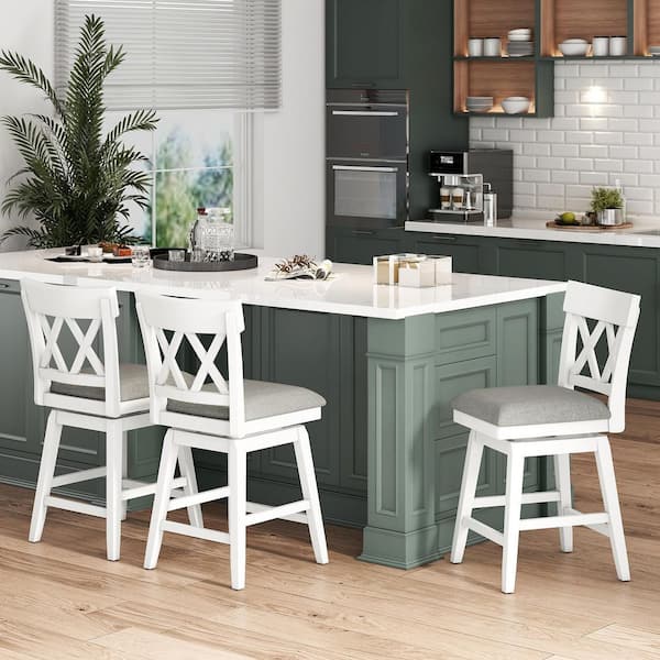 Gymax 2 in. Bar Stool Wooden Chair w/Contoured Backrest Swivel Padded Seat for Kitchen White and Gray
