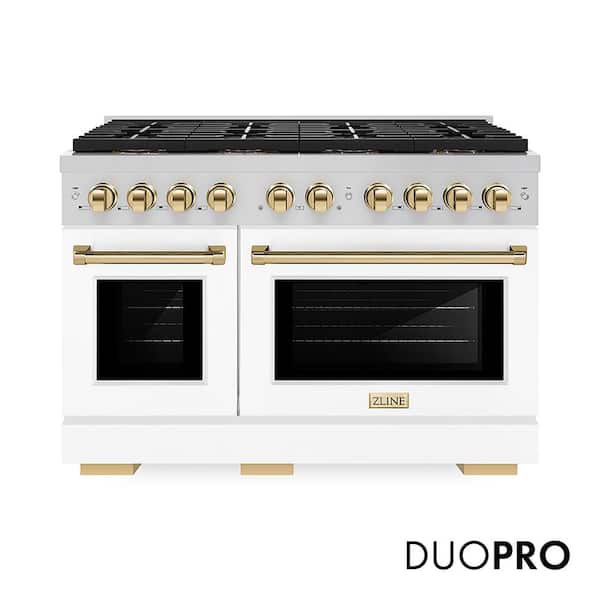 Autograph 48 in. 6.7 cu. ft. Paramount Dual Fuel Range with 8 Burners and Dual Ovens with White Matte and Polished Gold