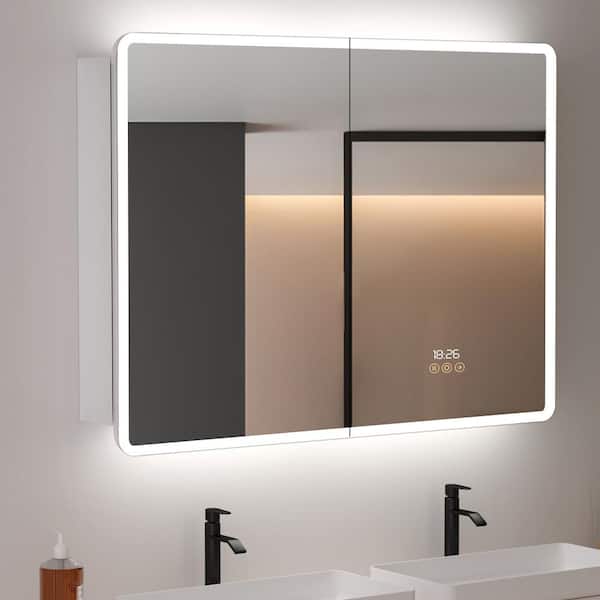 HBEZON Aura 48 in. W x 36 in. H Large Rectangular Aluminum Recessed/Surface Mount Dimmable Medicine Cabinet with Mirror