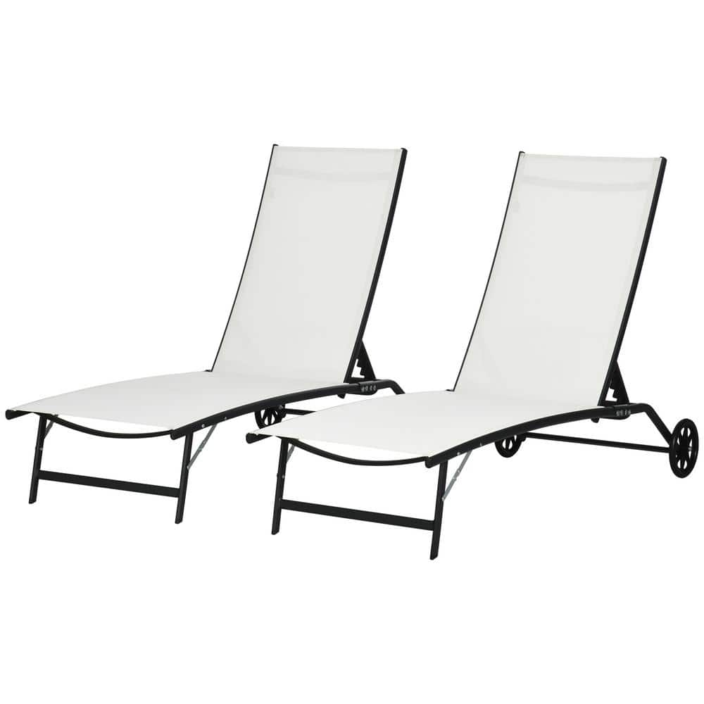 White Steel Armless Folding Chaise Lounger Set of 2