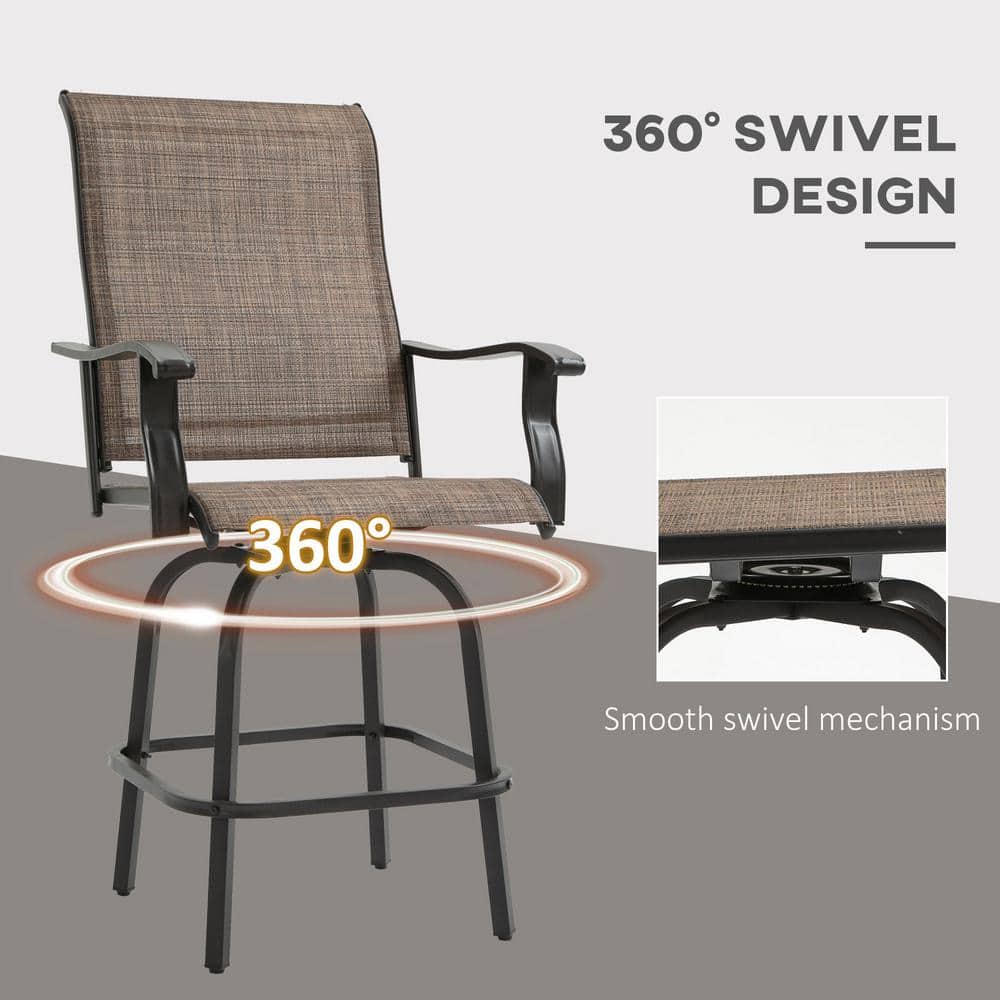 Brown Steel Frame Outdoor Swivel Bar Stools with Armrests