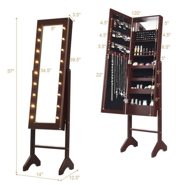 Costway Jewelry Cabinet Armoire LED Free Standing Mirror Organizer Wood Brown 