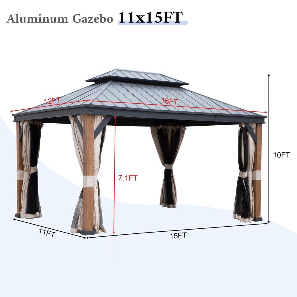 12' x 16' Galvanized Iron and Aluminum Hardtop Gazebo with Curtain and Netting