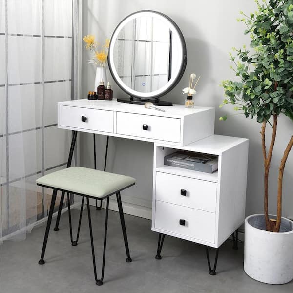 Boyel Living 51 2 In H 4 Drawer White, Led Vanity Table Set With Lighted Touch Screen Mirror Cushioned Stool