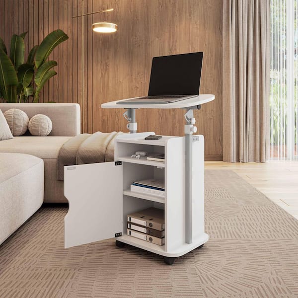 23.5 in. White Rolling Laptop Desk with Adjustable Height and Storage Cabinet