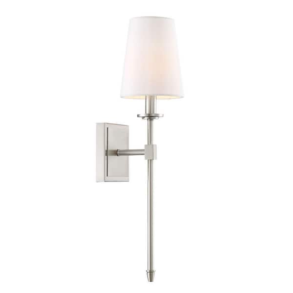 Kira Home Torche 5 in. 60-Watt 1-Light Brushed Nickel Transitional Wall Sconce with Linen Shade