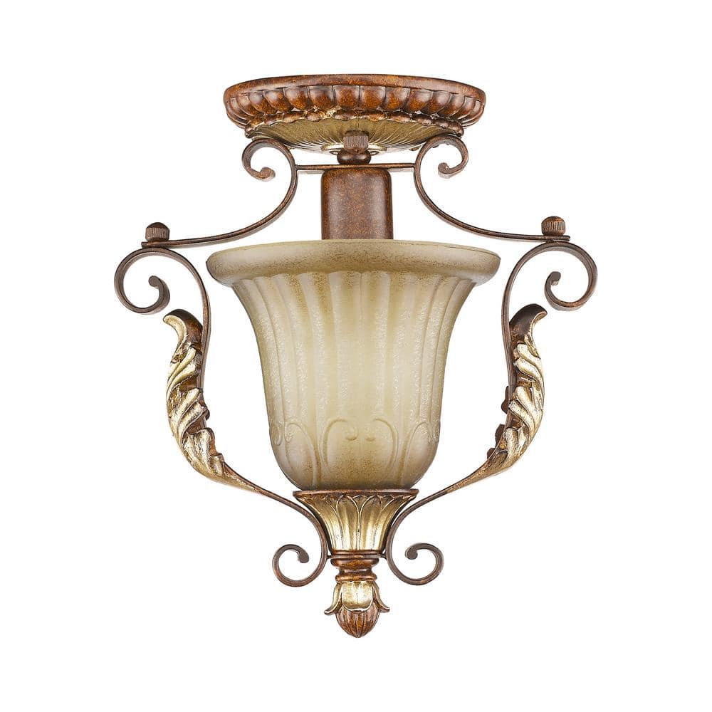 Verona Bronze and Gold Leaf Rustic Glass Semi-Flush Mount