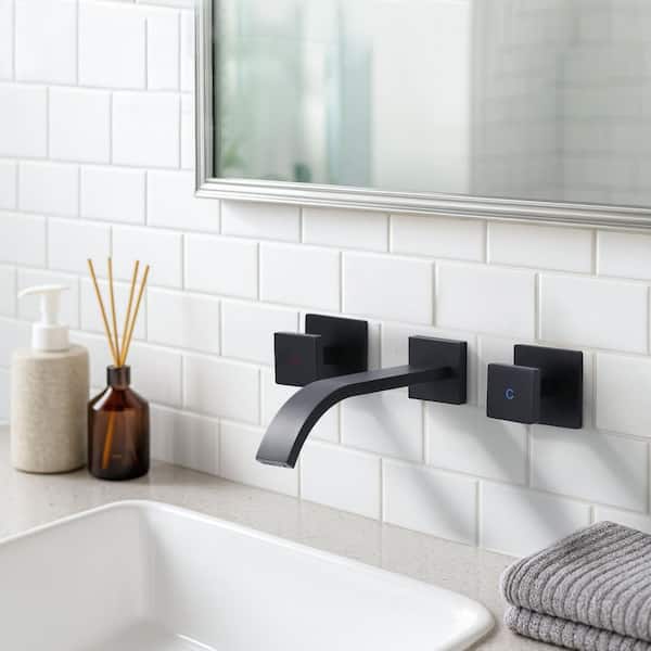 Double Handle 3 Holes Wall Mounted Modern Bathroom Sink Faucet in Matte Black