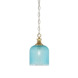 Tyler 60-Watt 1-Light New Age Brass Chain Mini Pendant Light with Turquoise Textured Glass Shade