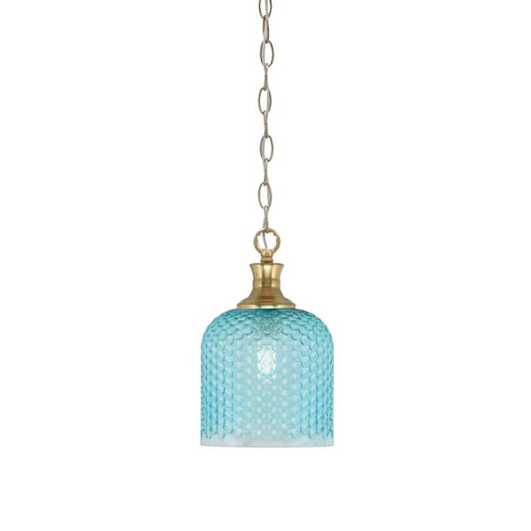 Unbranded Tyler 60-Watt 1-Light New Age Brass Chain Mini Pendant Light with Turquoise Textured Glass Shade