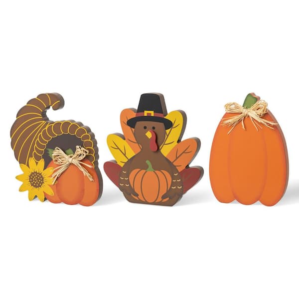 7 in. Thanksgiving Christmas Wooden Pumpkin, Turkey & Croissant Table Decor (Set of 3)