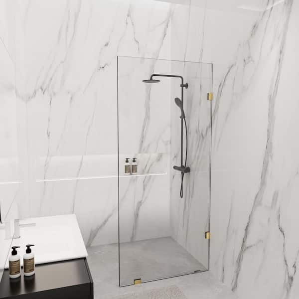 NANAWO 32 in. W x 78 in. H Frameless Fixed Single Panel Shower Screen Door in Brushed Brass with 3/8 in. (10mm) Clear Glass