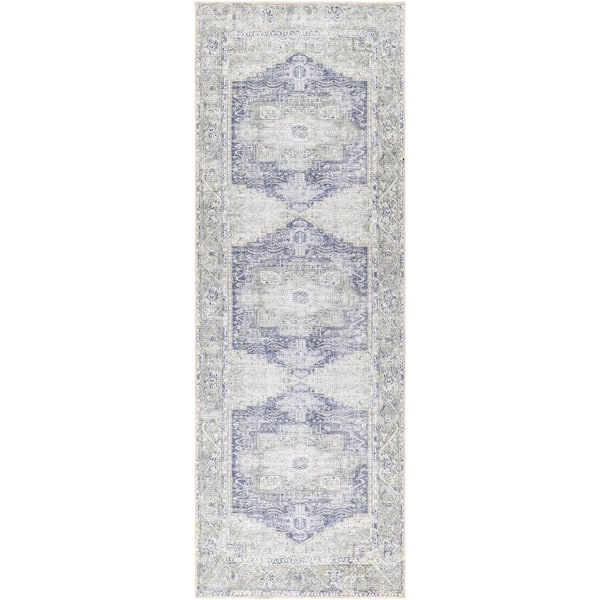 Livabliss Gilda Gray/Blue 3 ft. x 8 ft. Machine-Washable Indoor Medallion Runner Rug