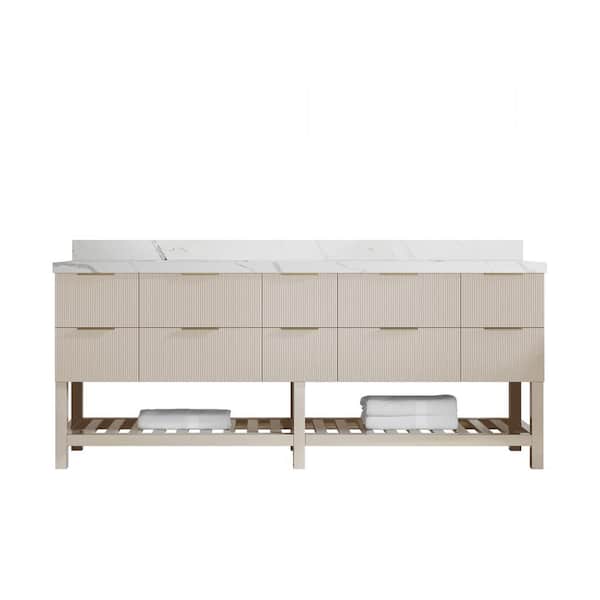 Willow Collections Catalina 84 in. Double Sink Freestanding Fine Grain Bath Vanity with Calacatta Laza Qt. Top Unassembled