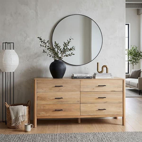 THE URBAN PORT Geti Natural Oak White Brown and Black 66 in. Wide Dresser with 6 Drawers BM326511