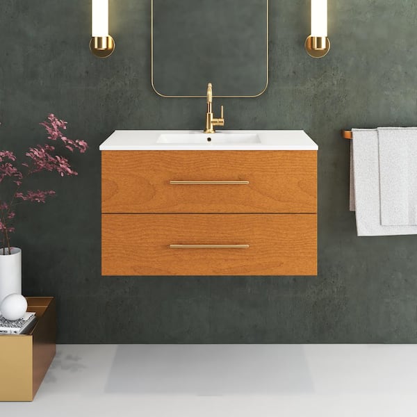 VOLPA USA AMERICAN CRAFTED VANITIES Napa 32 in. W. x 18 in. D Single Sink Bathroom Vanity Wall Mounted in Pacific Maple with Ceramic Integrated Countertop