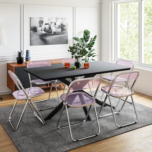 Lawrence 7-Piece Dining Set with Acrylic Foldable Chairs and Rectangular Table with Geometric Base, Magenta