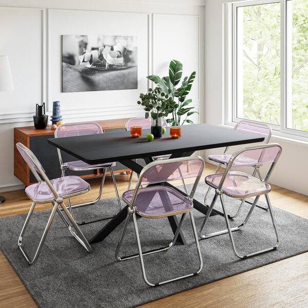 Leisuremod Lawrence 7-Piece Dining Set with Acrylic Foldable Chairs and Rectangular Table with Geometric Base, Magenta