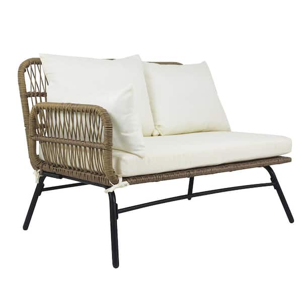 Maincraft 3-Piece Wicker Patio Conversation Set with Beige Cushions and Cover