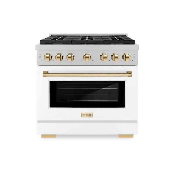 Autograph 36 in. Paramount Gas Range with 6 Burners and Convection Gas Oven in Satin Steel with White and Gold Accents