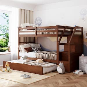 Walnut Twin Over Twin Bunk Bed with Twin Size Trundle and Storage Stairs