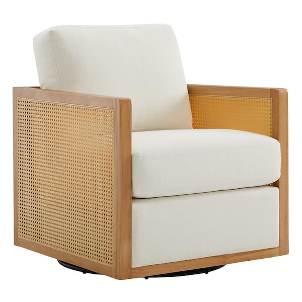 Spruce & Spring Triton Cream Swivel Accent Chair with Natural Wood Cane Panel