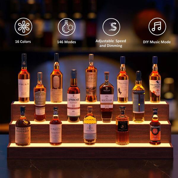 37.4 in. Wood LED Lighted 3-Tier Wine Glass Rack Bar Display Shelf with App and Remote Control, Walnut