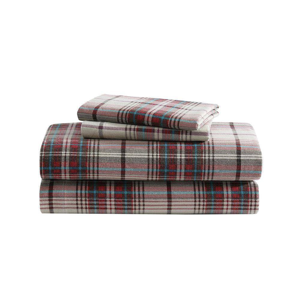 Eddie Bauer Moutlake Plaid 4-Piece Medium Red Flannel Queen Sheet