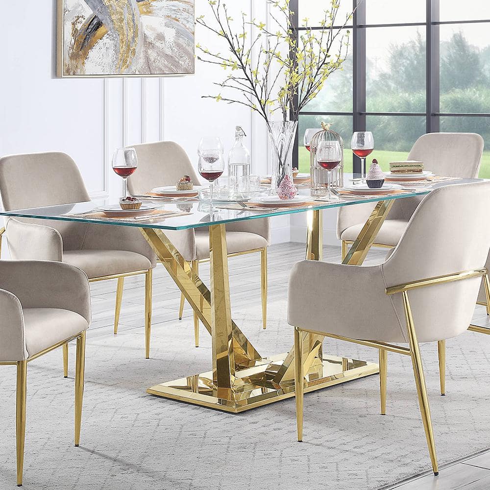 Contemporary Rectangular Clear Glass and Gold Dining Table