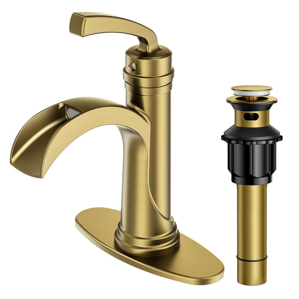 Waterfall Single Hole Single Handle Bathroom Faucet with Deckplate and Pop Up Drain in Brushed Gold price history on PriceWatchPro