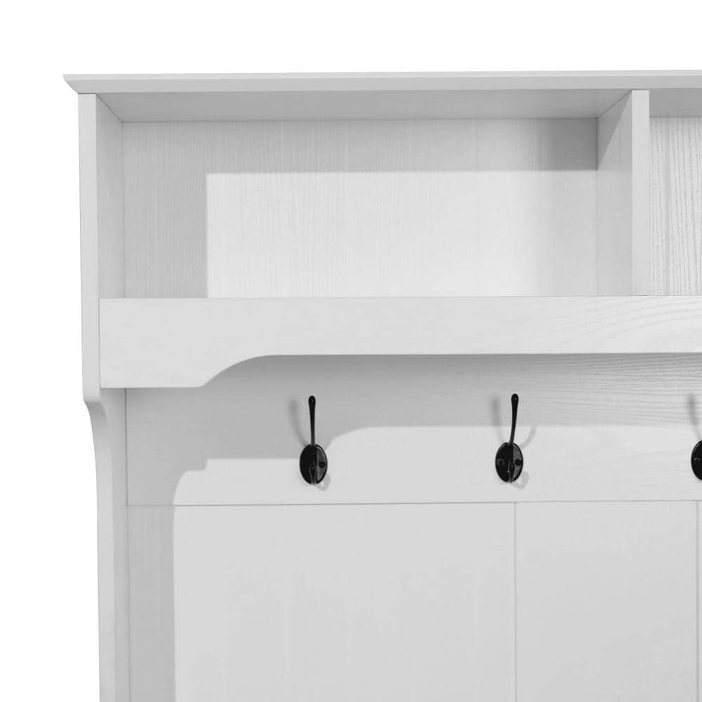 White Wooden Hall Tree with Storage Bench and Coat Rack