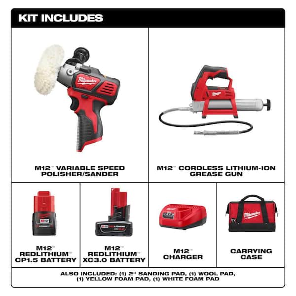 M12 12V Lithium-Ion Cordless Variable Speed Polisher/Sander Kit with Grease Gun