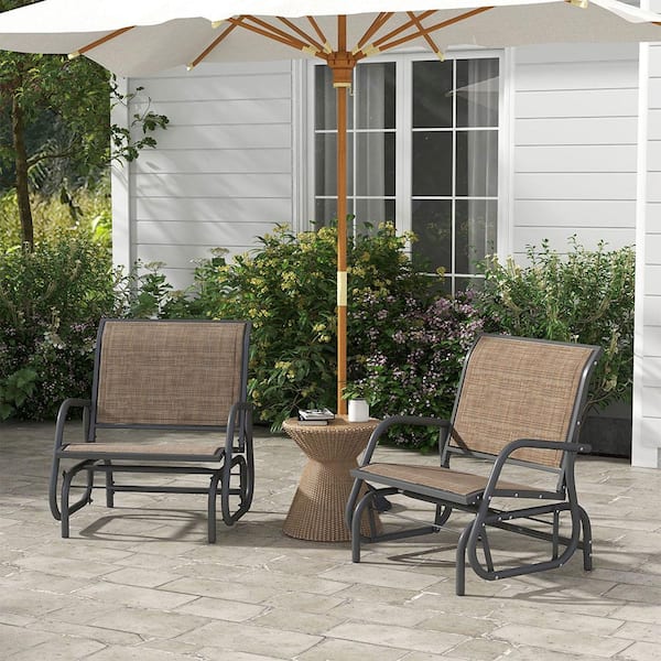 Misopily 29.5 in. Metal Outdoor Porch Glider, Swing Glider Chairs with Breathable Mesh Fabric, Curved Armrests, Brown (Set of 2)