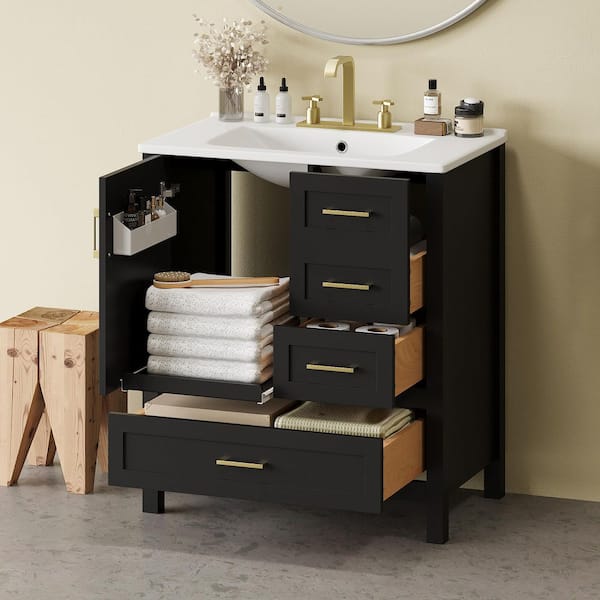 30 in. W x 18.3 in. D x 34 in. H Single Sink Freestanding Bath Vanity in Black with White Ceramic Top