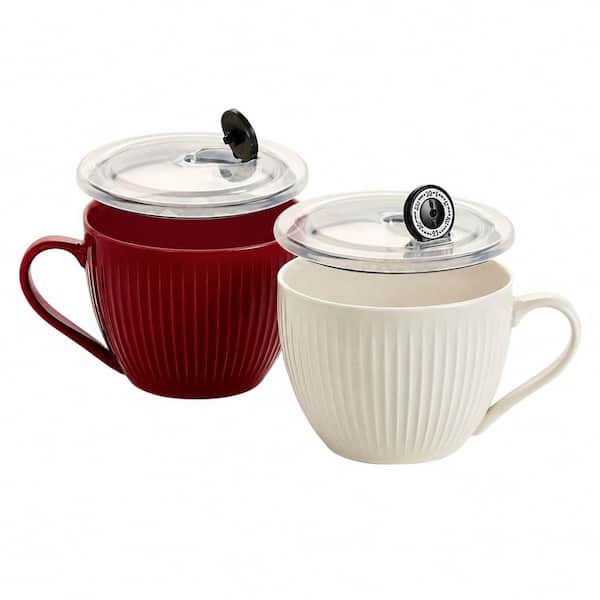 24oz Ceramic Soup Bowl Set with Handle and Lid, Red and White Striped Embossed Mug Bowls, 2 Pack