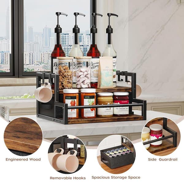 JFVKAF Rustic Brown Metal Coffee Syrup Organizer 2-Tier Bottle