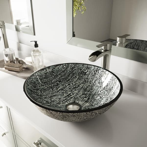 VIGO Giovanni Titanium Gray Glass 17 in. L x 17 in. W x 6 in. H Round Vessel Bathroom Sink