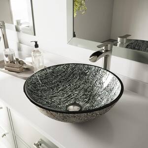 Glass Round Vessel Bathroom Sink in Titanium Gray with Niko Faucet and Pop-Up Drain in Brushed Nickel