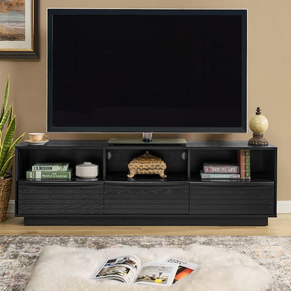 Black 63 in. Mid-Century Modern TV Stand, Farmhouse Entertainment Center with Solid Wood Drawers (Max TV Size 75 in.)