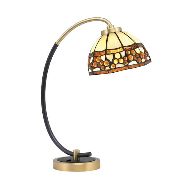 Unbranded Delgado 18.25 in. Matte Black and New Age Brass Piano Desk Lamp with Roman Jewel Art Glass Shade