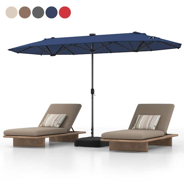 HONEY JOY 13 ft. Metal Patio Market Umbrella with 36 Solar-Powered LED Lights Cross Base Included in Navy