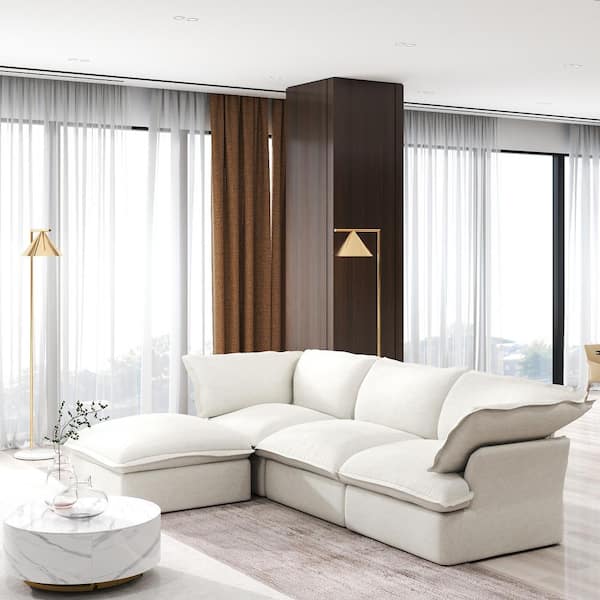 J&E Home 122 in. Flared Arm 4-Piece linen Modular Sectional Sofa in White with Storage Ottoman