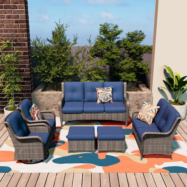 Patio Furniture Set 6-Piece Wicker Outdoor Patio Conversation Set with Blue Cushions