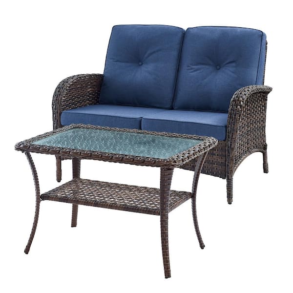 Pocassy 2-Piece Brown Wicker Outdoor Loveseat Set Patio Rattan Loveseat with Blue Cushions and Coffee Table