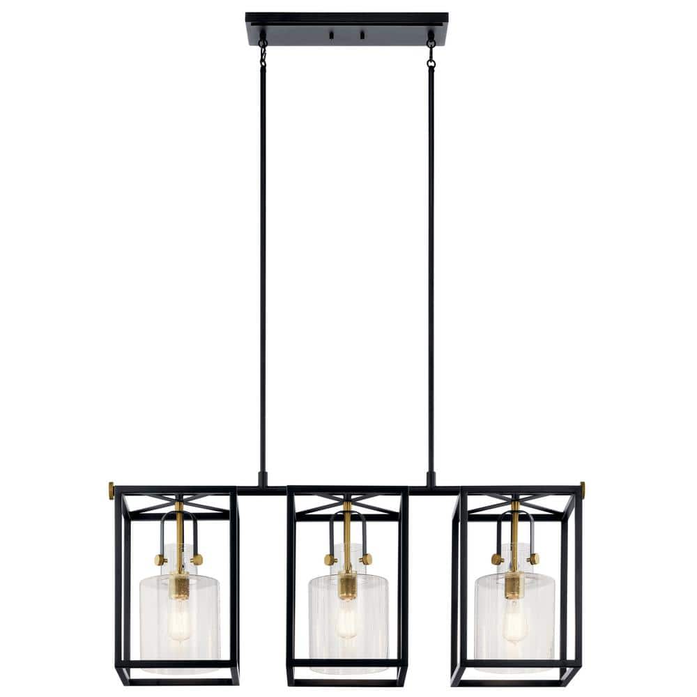 Natural Brass and Black 3-Light Linear Chandelier with Clear Seeded Glass