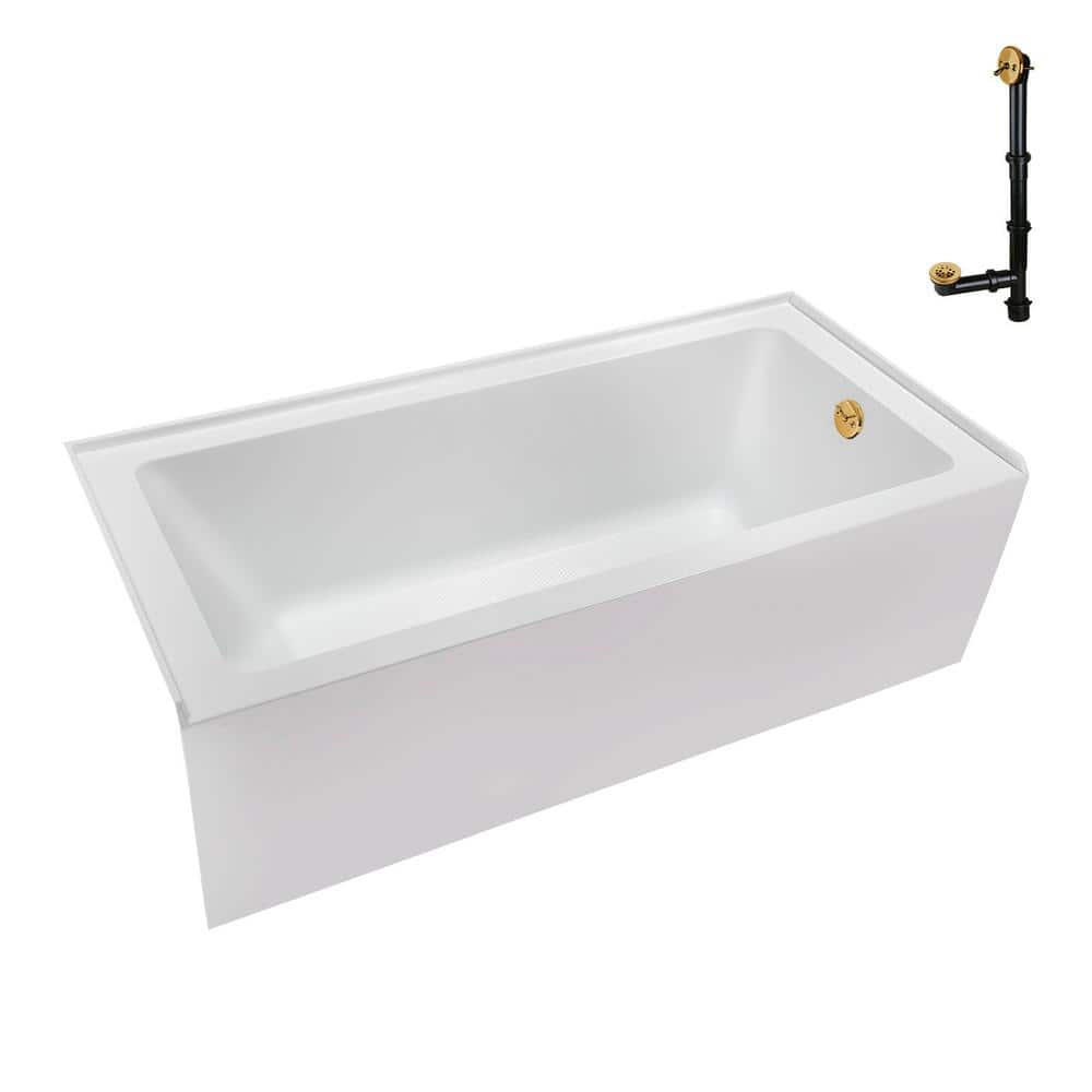 Glossy White Acrylic Alcove Bathtub with Brushed Gold Trim