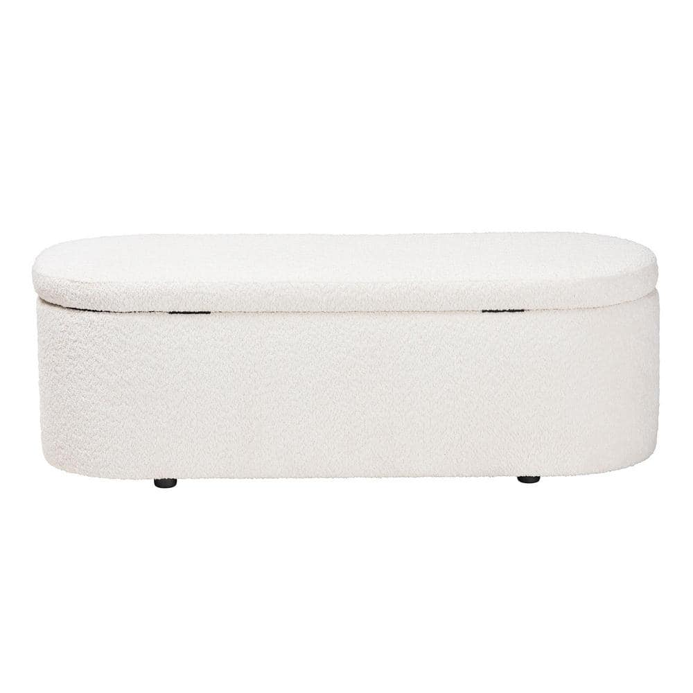 Lavina White Teddy-Bear Fabric Storage Bench with Wooden Legs