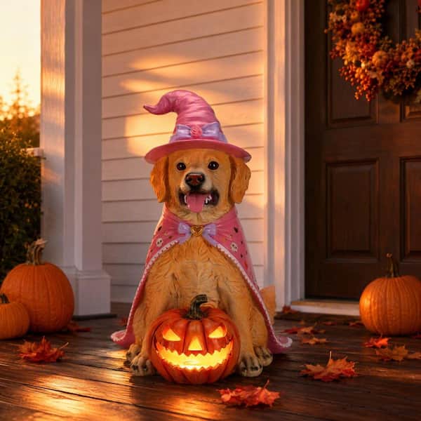 15.35 in. Resin Halloween Golden Retriever Dog Statue with Witch Hat and Cape for Decoration