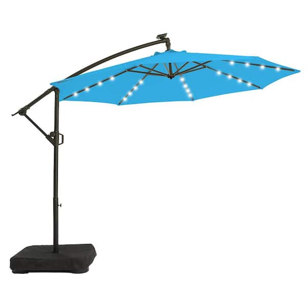 PASAMIC 10 ft. Solar LED Patio Offset Umbrella Outdoor Cantilever Umbrella with Weighted Base Sky Blue