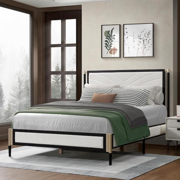 CHRISTOPHER KNIGHT HOME Solis Queen Size Upholstered Boucle Platform Bed with Headboard, Metal Frame, Champagne + White + Black